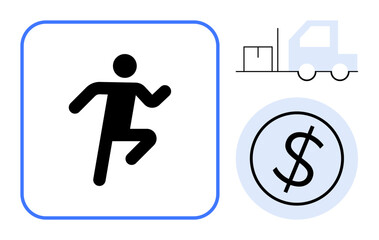 Running figure symbolizing speed, truck with cargo highlighting logistics, and dollar sign indicating finance. Ideal for business, delivery, optimization, commerce, efficiency cost strategy. A