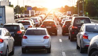 Massive traffic jam on highway at sunset