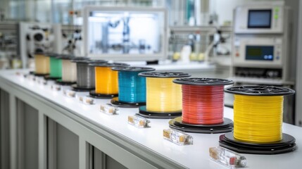 A series of multicolored filament spools on a workstation demonstrating the variety of biocomposite blends that can be produced for different applications.