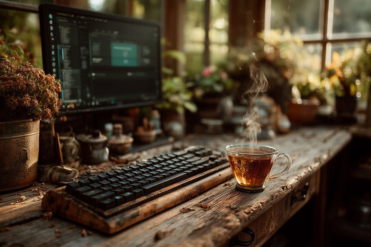 Cozy rustic workspace with computer and coffee by the window
