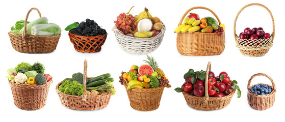 Fresh vegetables, berries and fruits in wicker baskets isolated on white, set
