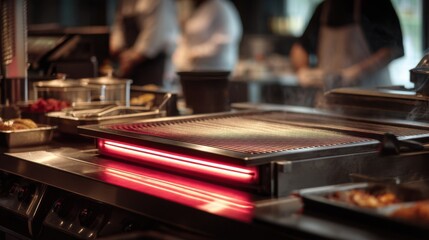 Obraz premium Medium frame highlighting the glowing surface of a selfcleaning plancha radiating spent heat while the busy service area behind fades out of focus showcasing energy efficiency in