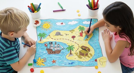 Kids creatively draw vibrant treasure map playfully together. AI Generated