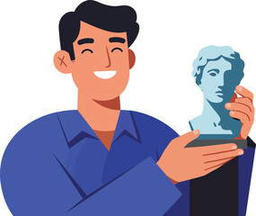 Fototapeta premium Man Holding Blue Sculpture Bust Art Appreciation Concept Vector Illustration Smiling Male Figure 