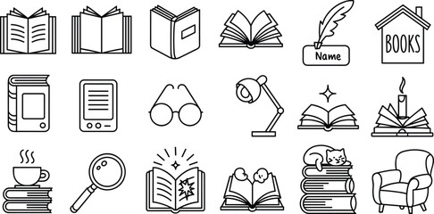 Collection of line art icons related to reading and books library literature