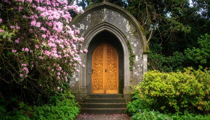 Ornate wooden door in stone gazebo, surrounded by vibrant spring blooms