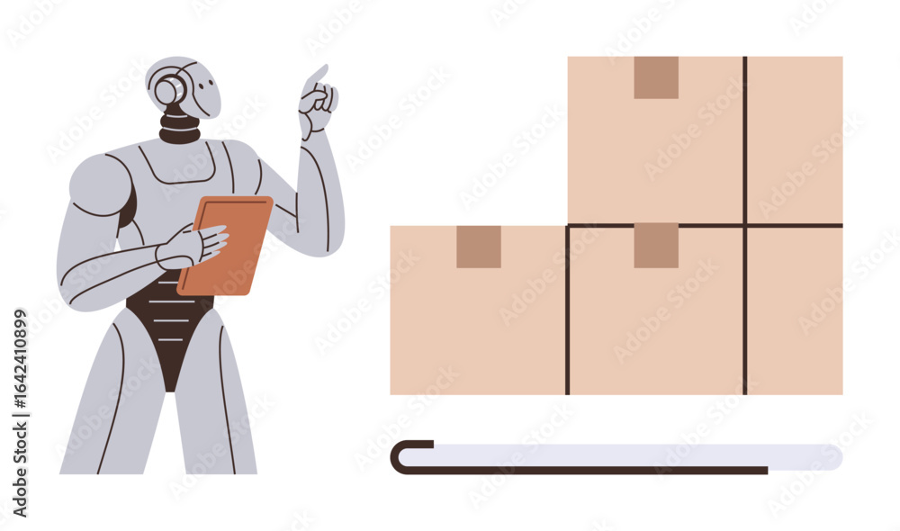 Poster humanoid robot holding a tablet observes stacked boxes beside a progress bar. ideal for automation, 
