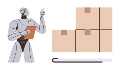 Humanoid robot holding a tablet observes stacked boxes beside a progress bar. Ideal for automation, robotics, logistics, inventory, AI management, productivity, innovation. Simple flat metaphor