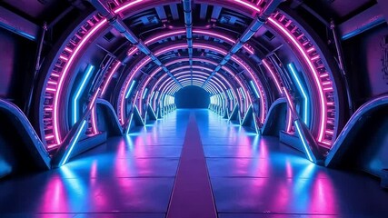 Cyberpunk tunnel with neon lights beckons viewers into a futuristic digital realm of vibrant color - Powered by Adobe