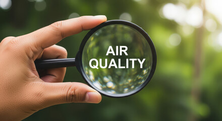 Magnifying Glass Focusing on Air Quality Text with a Blurry Green Background Emphasizing Environmental Awareness and the Importance of Clean Air Initiatives