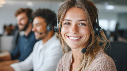 A friendly female customer service operator, wearing headset with microphone, smiles at camera. Other colleagues, wearing headsets, on blurred background, creating positive atmosphere.