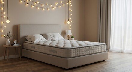 Warm light illuminates plush beige mattress in serene bedroom setting. AI Generated