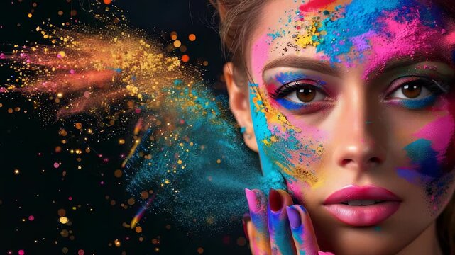 The features model with vibrant face paint in pink, blue,, yellow hues. She is posing with her hand also covered in paint against dark backdrop, enhancing colorful art