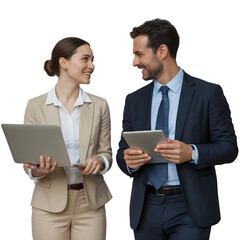 Confident business partners collaborating digitally, discussing success with laptop and tablet technology