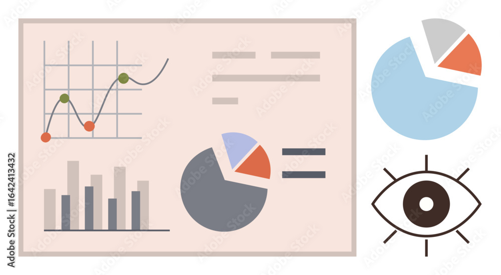 Poster line graph, bar chart, and pie charts represent data visualization and analysis, while an eye icon s