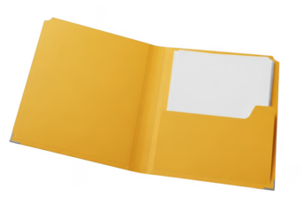 Open manila folder with white paper sheets inside isolated on transparent background
