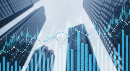Financial Growth and Investment Opportunities A Dynamic Stock Market Chart Overlaying Modern Skyscrapers Symbolizing Economic Progress and Business Development