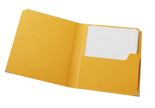 Open manila folder with white paper sheets inside isolated on transparent background
