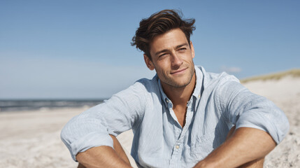 young man with gentle smile enjoys welldeserved break on sunkissed beach exuding relaxation