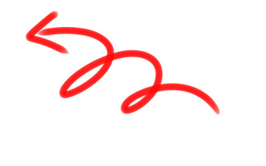 Red curved arrow, Hand drawn arrow marker. Down curved Arrow pointer highlighter doodle drawing marker. Red arrow sign isolated on transparent png