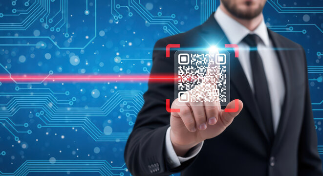 Businessman Touching a QR Code on a Screen with a Circuit Board Background, Representing Digital Transformation, Technology Adoption, and Modern Business Solutions