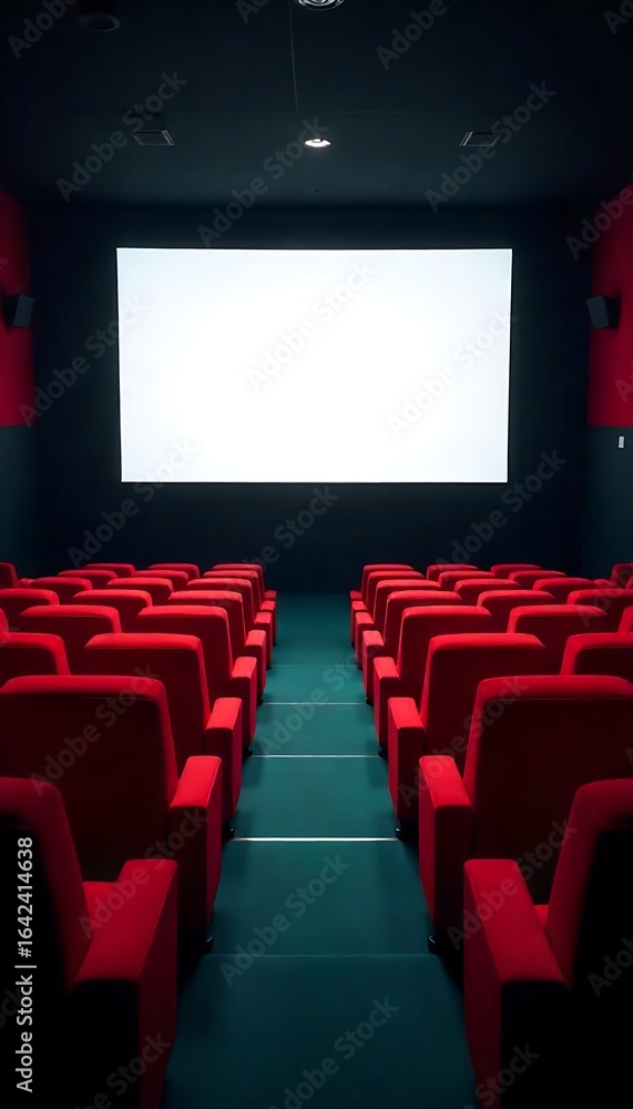 Aufkleber generative ai cinema screen with red seating, presenting a large empty white screen theater with