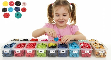 Happy child playfully sorts colorful buttons bright light. AI Generated