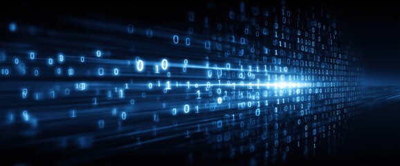 Abstract blue digital background with binary code and glowing lines, representing technology and data transfer in the field of cybersecurity or big data systems Generative AI