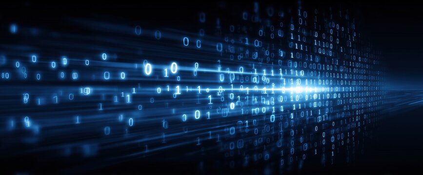 Abstract blue digital background with binary code and glowing lines, representing technology and data transfer in the field of cybersecurity or big data systems Generative AI - Powered by Adobe