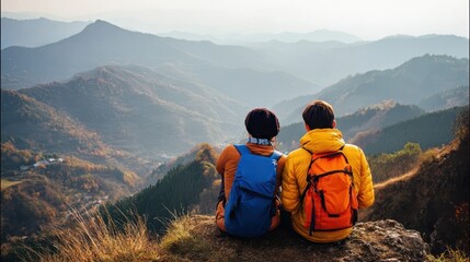 Fototapeta premium Two people with backpacks sit on a mountaintop, enjoying the view.