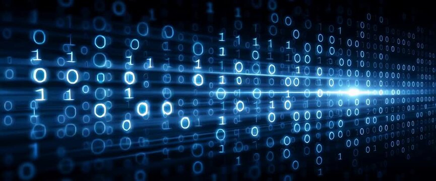 Abstract blue digital background with binary code and glowing lines, representing technology and data transfer in the field of cybersecurity or big data systems Generative AI