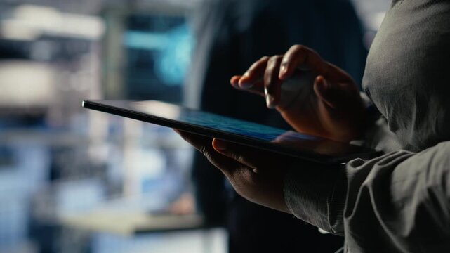Data center programmers check AI dashboard using tablet, doing systems review. Server hub coworkers test artificial intelligence tools on device to ensure reliable performance, camera B