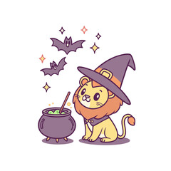 A cute cartoon lion wearing a witch hat stirs a bubbling cauldron with bats and stars floating around.