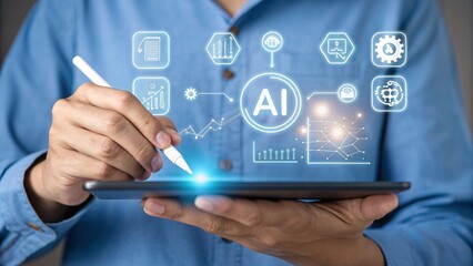 Businessman using a tablet to interact with artificial intelligence and data analysis visualizations, representing future technology and business growth