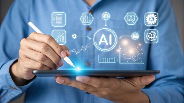 Businessman using a tablet to interact with artificial intelligence and data analysis visualizations, representing future technology and business growth - Powered by Adobe