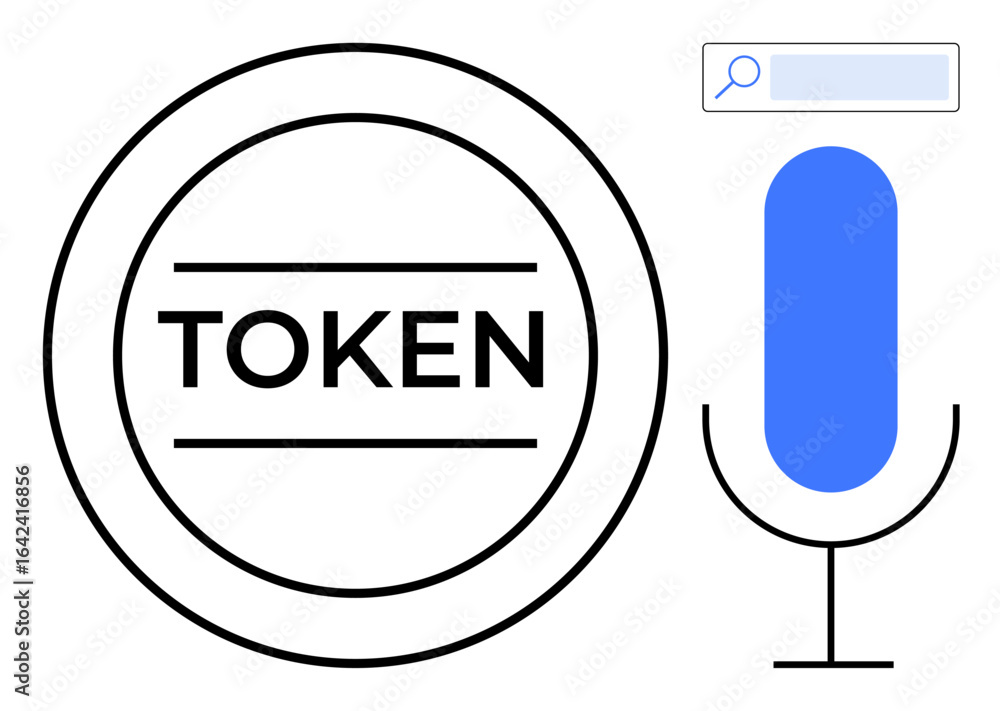 Poster token within circular border, search bar with magnifying glass, and microphone icon. ideal for block