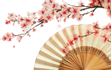 Traditional Japanese fan with intricate hand-painted floral designs showcasing cultural artistry isolated on transparent background PNG