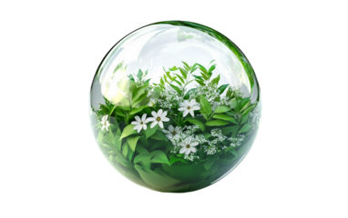 Transparent globe filled with vibrant green leaves symbolizing environmental awareness and sustainability isolated on transparent background PNG