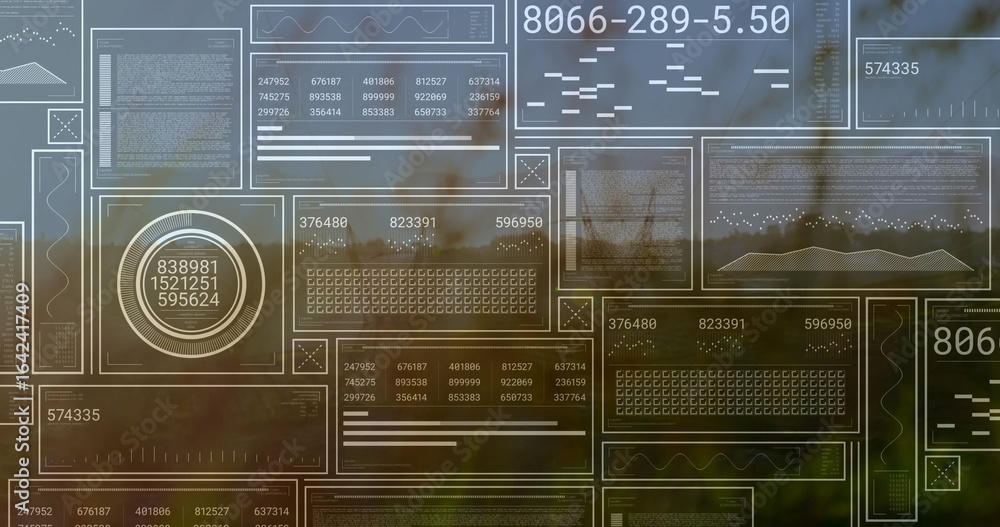 Poster displaying translucent data panels in interface overlay over blurred foliage, with circular gauge