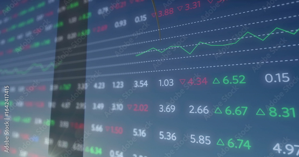 Poster displaying digital market screen at trading desk, showing numeric indicators, arrows and line chart