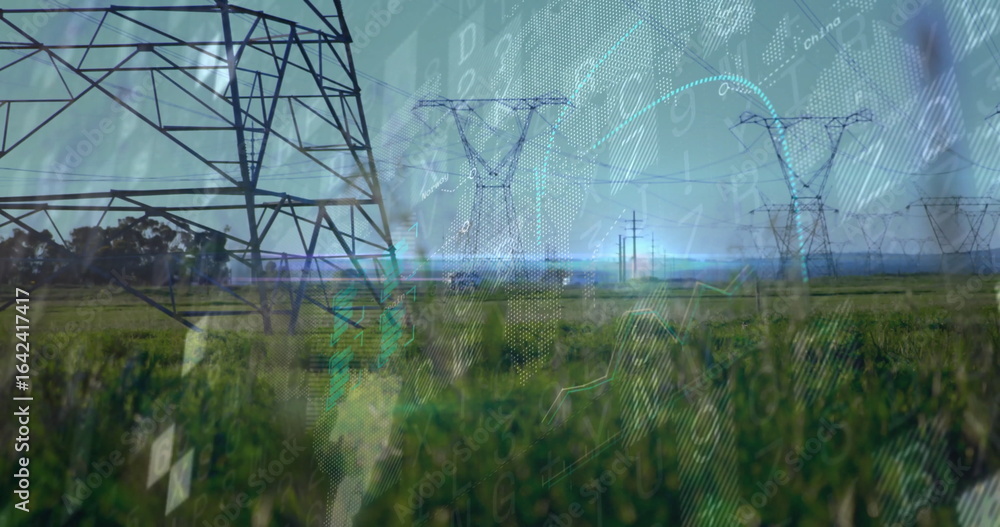 Poster dominating high-voltage tower extending lines across grassy field with binary overlay, copy space