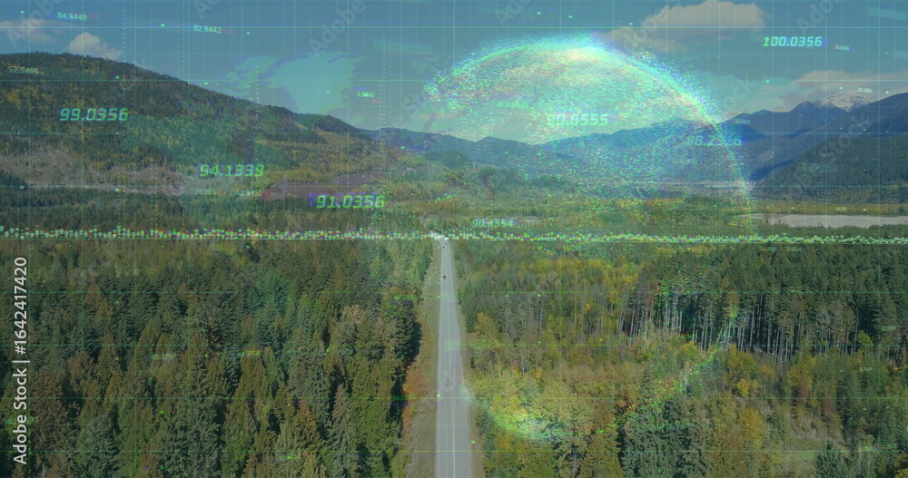 Poster slicing two-lane highway bisecting forest valley, with grid and waveform overlay and numeric data