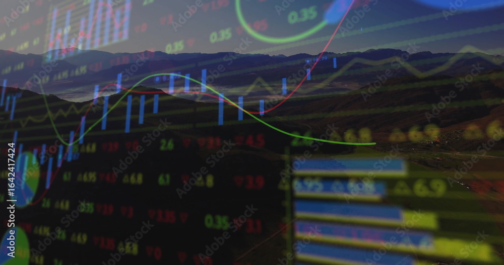 Poster overlaying candlestick bars, line graphs and numeric tickers on desert highway at dusk