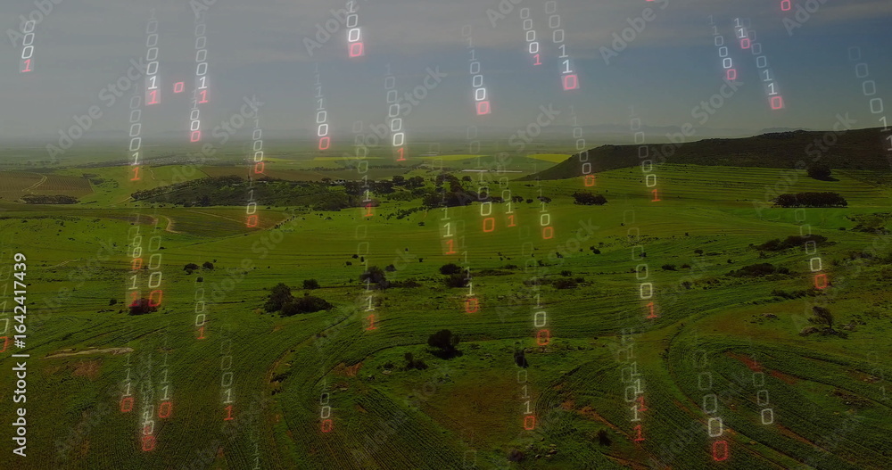 Aufkleber showing aerial farmland with crop rows unfolding over rolling hills, with binary code overlay