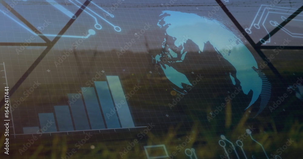 Poster projecting digital interface over grassland, showing globe, rising bar chart and circuit grid