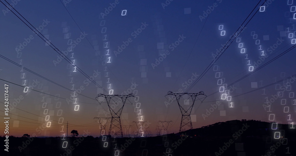 Poster stretching high-voltage towers and power lines spanning hills at dusk, with binary digits overlay