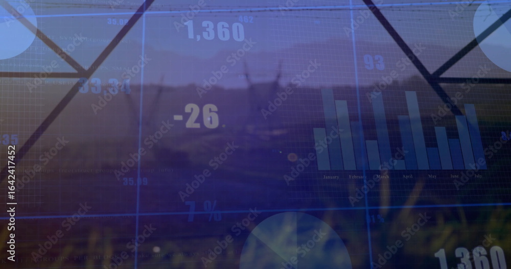 Aufkleber displaying gridlines on dusk grassland with bar chart, circular segments and values 1,360 and -26