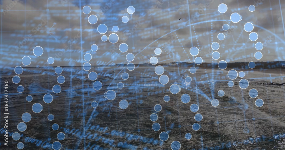Poster displaying digital dna helix floating over sea at dusk, with nodes, grid lines and code text
