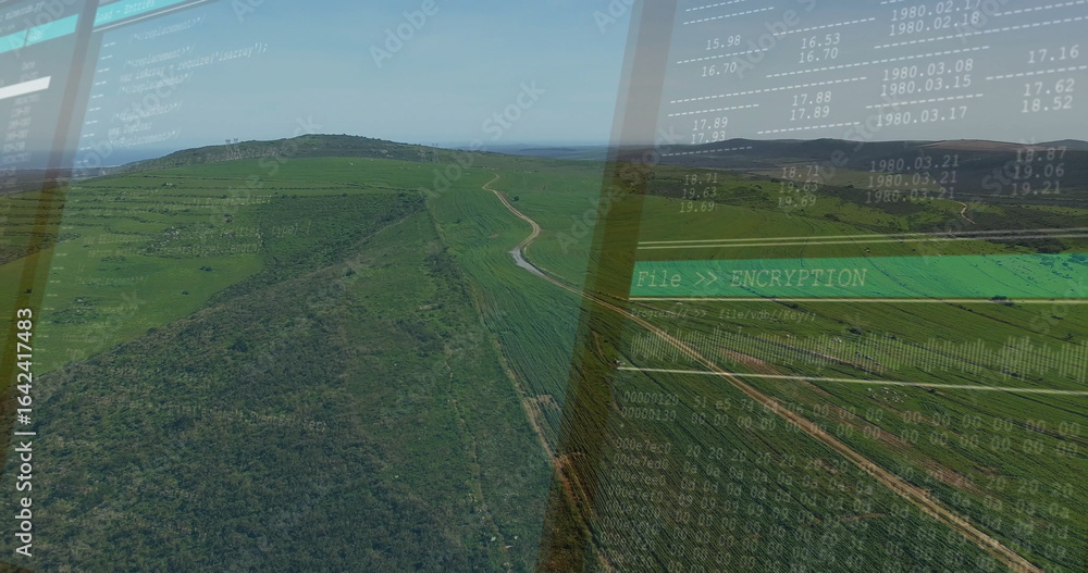 Poster showing windowpane overlay projecting rolling green hills at office workspace, with encryption gui