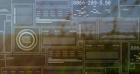 Displaying translucent data panels in interface overlay over blurred foliage, with circular gauge